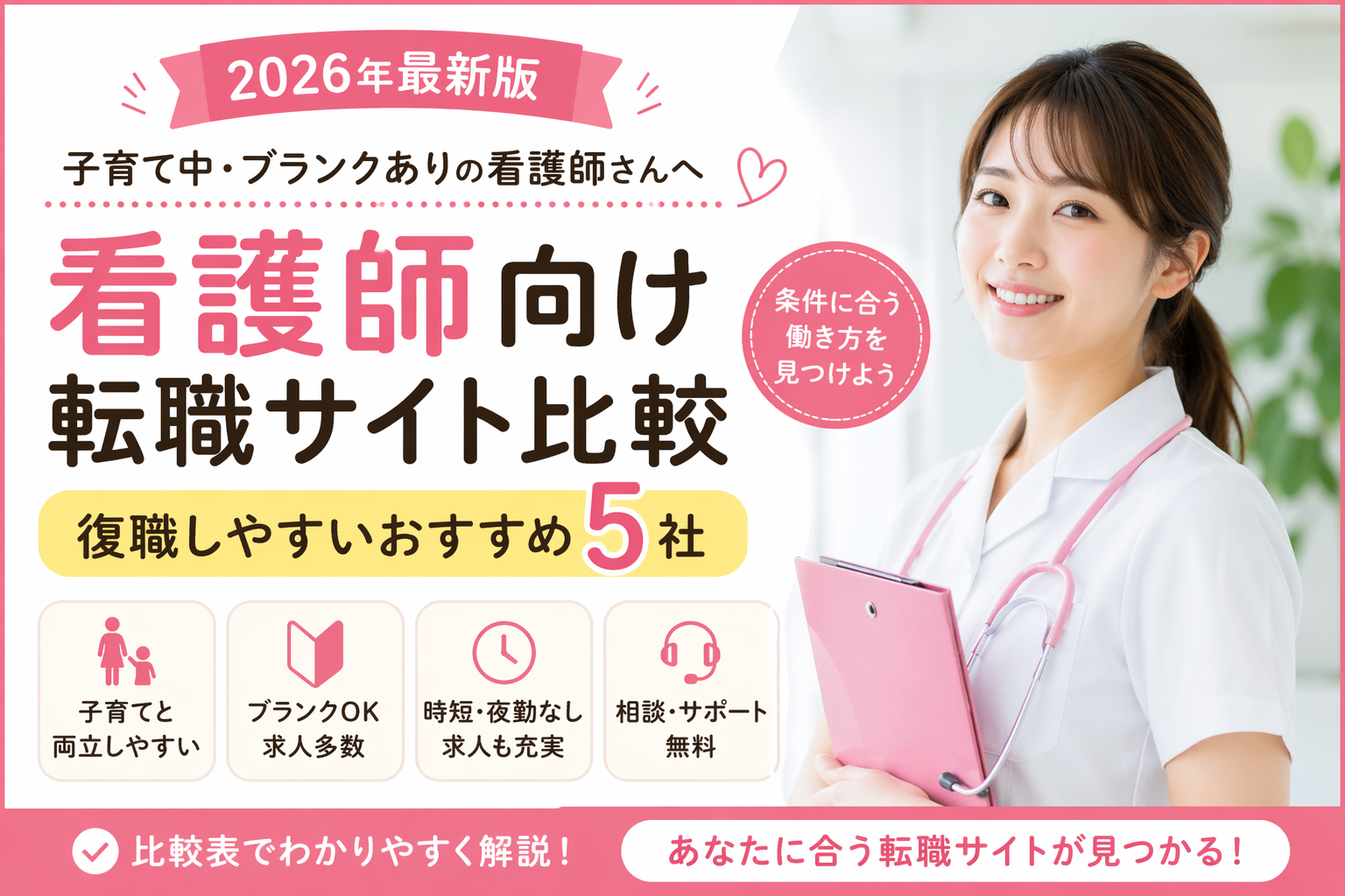 【2026年最新版】子育て中・ブランクあり看護師向け転職サイト比較ガイド｜復職しやすいおすすめ5社