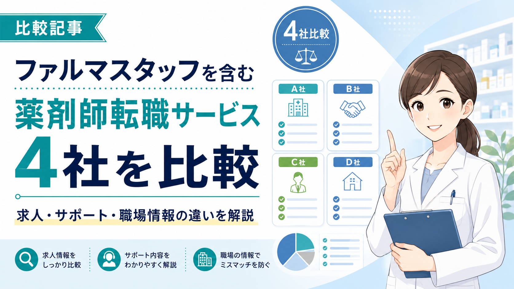 ファルマスタッフを含む薬剤師転職サービス4社を比較|求人・サポート・職場情報の違いを解説